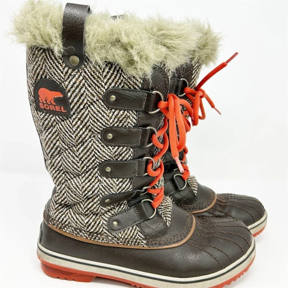 Sorel Tofino Snow Boots Womens Brown Herringbone Lace Up Faux Fur Winter 10